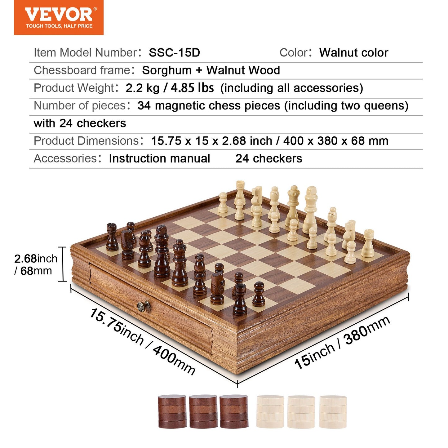 Schachspiel aus Massivholz, 15 Zoll 2-in-1 Schach-Dame-Spielset, Schachbrettspiel mit Aufbewahrungsbox und gewichteten Schachfiguren &amp; 2 Damen, für Erwachsene, Kinderturnier, Profi-Anfänger