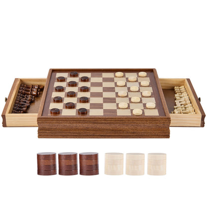Schachspiel aus Massivholz, 15 Zoll 2-in-1 Schach-Dame-Spielset, Schachbrettspiel mit Aufbewahrungsbox und gewichteten Schachfiguren &amp; 2 Damen, für Erwachsene, Kinderturnier, Profi-Anfänger