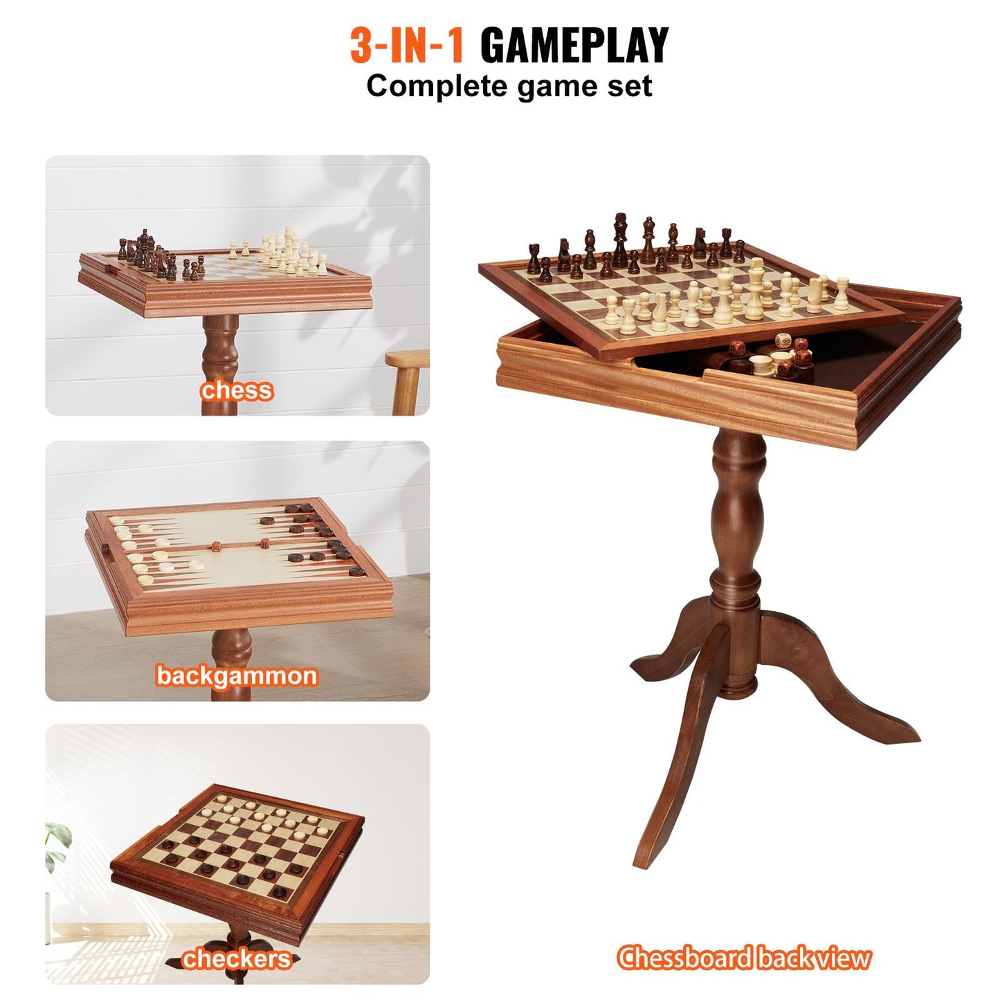 3-in-1-Dame-Backgammon-Tischset, 18-Zoll-Premium-Schachtisch aus Holz, Deluxe-Kombinationsspieltisch-Möbelset, Schachspiel-Brettspielgeschenk für Familienbrettspiele
