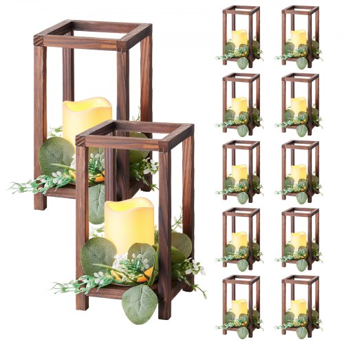 12 Set/36 Pcs Wooden Wedding Lantern Centerpiece, Includes 12 Wooden Lantern Candle Holder 12 Flameless LED Candle 12 Eucalyptus Leaves Wreath for Wedding Table Party Farmhouse Decor, Brown