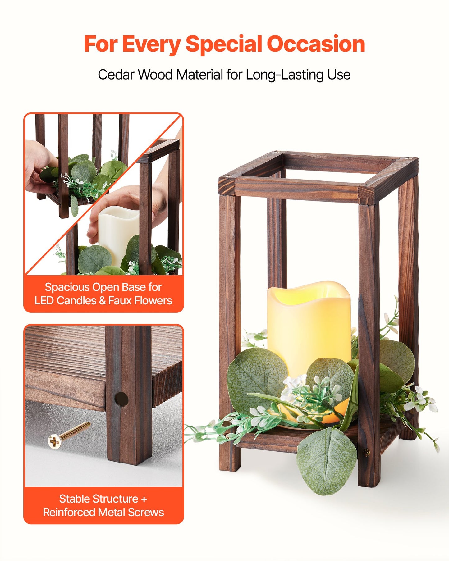 12 Set/36 Pcs Wooden Wedding Lantern Centerpiece, Includes 12 Wooden Lantern Candle Holder 12 Flameless LED Candle 12 Eucalyptus Leaves Wreath for Wedding Table Party Farmhouse Decor, Brown