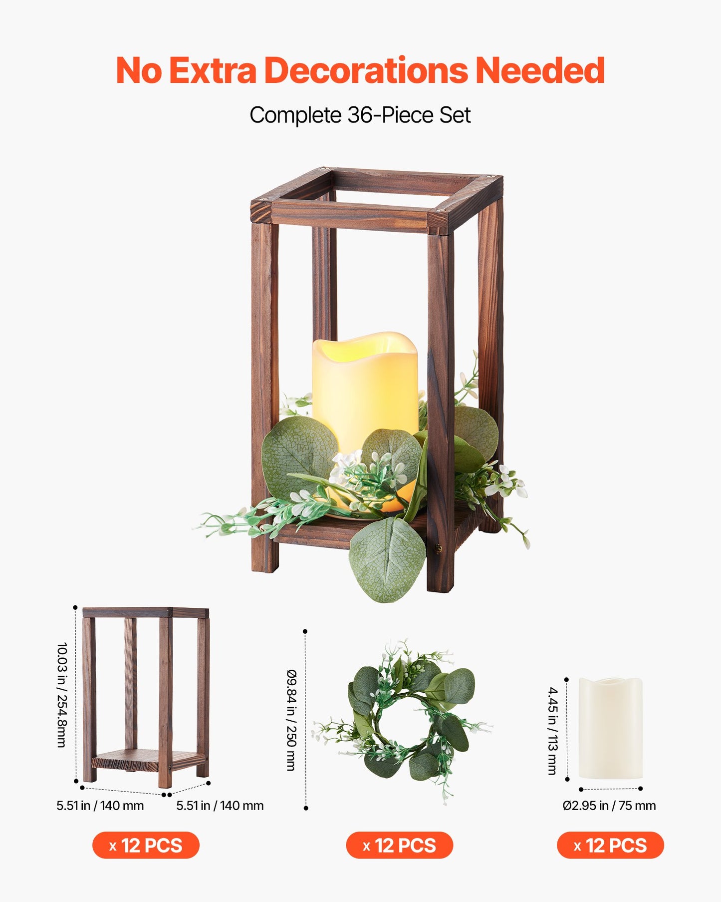 12 Set/36 Pcs Wooden Wedding Lantern Centerpiece, Includes 12 Wooden Lantern Candle Holder 12 Flameless LED Candle 12 Eucalyptus Leaves Wreath for Wedding Table Party Farmhouse Decor, Brown