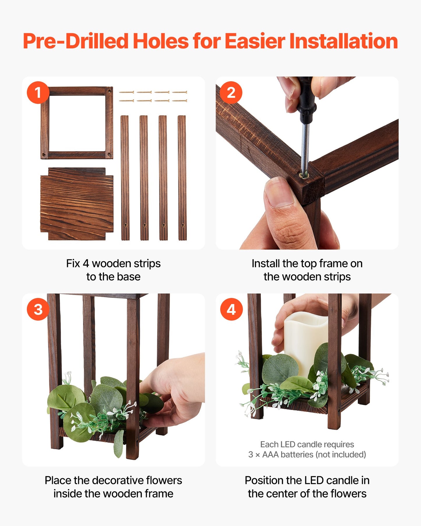 12 Set/36 Pcs Wooden Wedding Lantern Centerpiece, Includes 12 Wooden Lantern Candle Holder 12 Flameless LED Candle 12 Eucalyptus Leaves Wreath for Wedding Table Party Farmhouse Decor, Brown