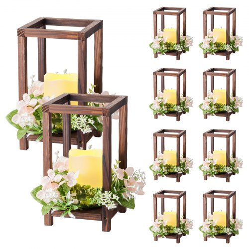 10 Set/30 Pcs Wooden Wedding Lantern Centerpiece, Includes 10 Wooden Lantern Candle Holder 10 Flameless LED Candle 10 Champagne Flower Wreath for Wedding Table Party Farmhouse Decor, Brown