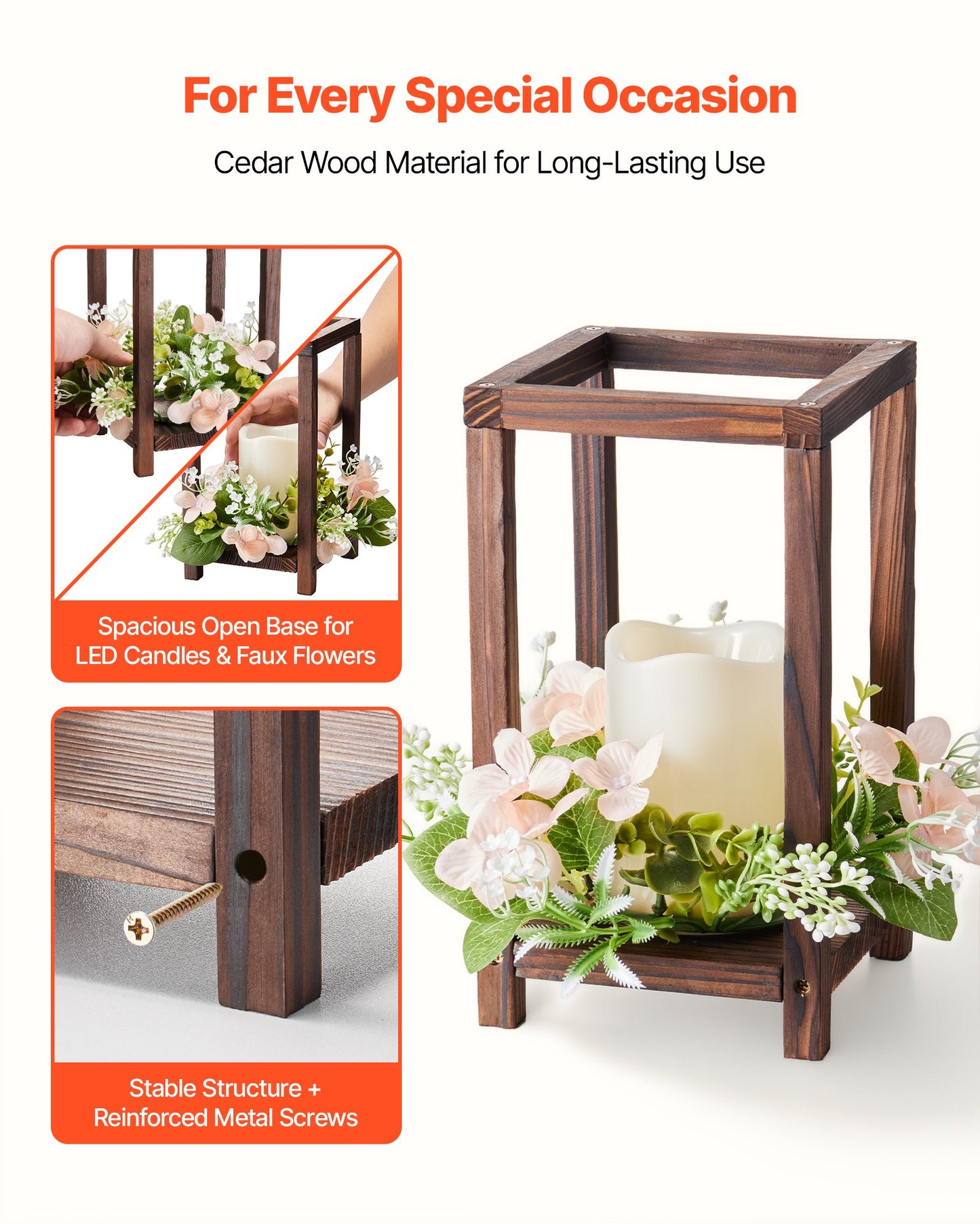 10 Set/30 Pcs Wooden Wedding Lantern Centerpiece, Includes 10 Wooden Lantern Candle Holder 10 Flameless LED Candle 10 Champagne Flower Wreath for Wedding Table Party Farmhouse Decor, Brown