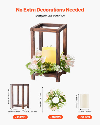 10 Set/30 Pcs Wooden Wedding Lantern Centerpiece, Includes 10 Wooden Lantern Candle Holder 10 Flameless LED Candle 10 Champagne Flower Wreath for Wedding Table Party Farmhouse Decor, Brown