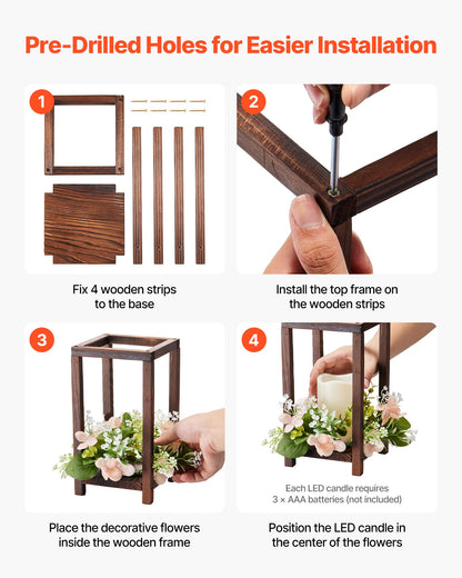10 Set/30 Pcs Wooden Wedding Lantern Centerpiece, Includes 10 Wooden Lantern Candle Holder 10 Flameless LED Candle 10 Champagne Flower Wreath for Wedding Table Party Farmhouse Decor, Brown