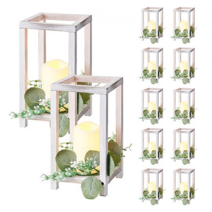 12 Set/36 Pcs Wooden Wedding Lantern Centerpiece, Includes 12 Wooden Lantern Candle Holder 12 Flameless LED Candle 12 Eucalyptus Leaves Wreath for Wedding Table Party Farmhouse Decor, White