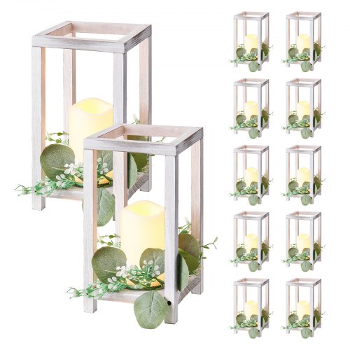 12 Set/36 Pcs Wooden Wedding Lantern Centerpiece, Includes 12 Wooden Lantern Candle Holder 12 Flameless LED Candle 12 Eucalyptus Leaves Wreath for Wedding Table Party Farmhouse Decor, White