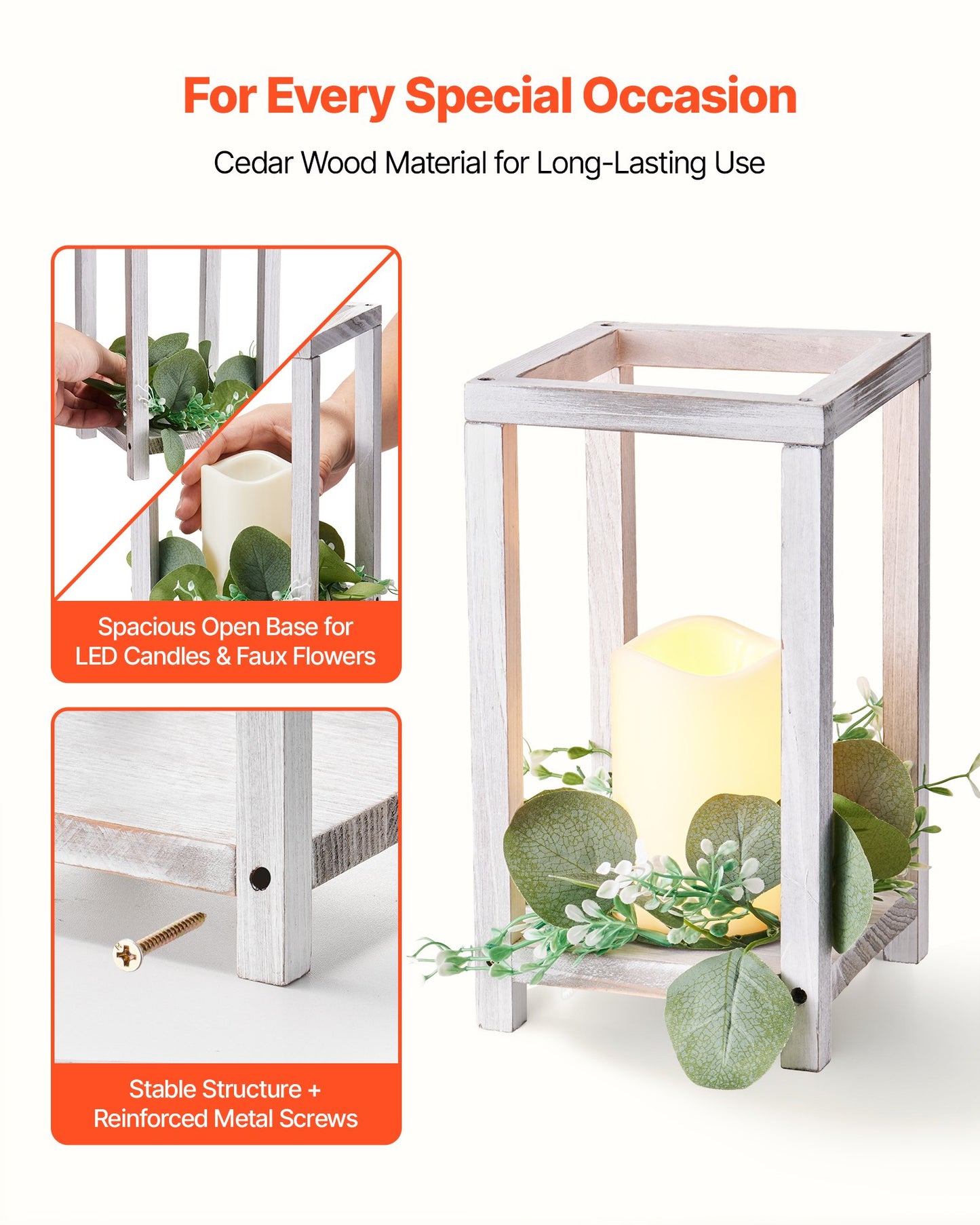 12 Set/36 Pcs Wooden Wedding Lantern Centerpiece, Includes 12 Wooden Lantern Candle Holder 12 Flameless LED Candle 12 Eucalyptus Leaves Wreath for Wedding Table Party Farmhouse Decor, White