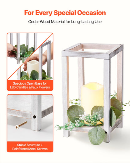 12 Set/36 Pcs Wooden Wedding Lantern Centerpiece, Includes 12 Wooden Lantern Candle Holder 12 Flameless LED Candle 12 Eucalyptus Leaves Wreath for Wedding Table Party Farmhouse Decor, White