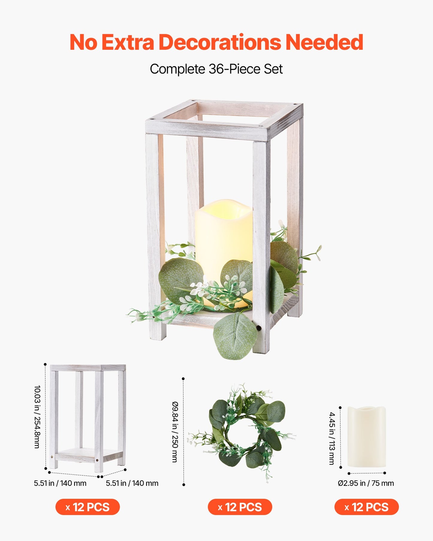 12 Set/36 Pcs Wooden Wedding Lantern Centerpiece, Includes 12 Wooden Lantern Candle Holder 12 Flameless LED Candle 12 Eucalyptus Leaves Wreath for Wedding Table Party Farmhouse Decor, White