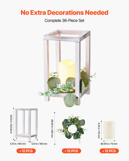 12 Set/36 Pcs Wooden Wedding Lantern Centerpiece, Includes 12 Wooden Lantern Candle Holder 12 Flameless LED Candle 12 Eucalyptus Leaves Wreath for Wedding Table Party Farmhouse Decor, White