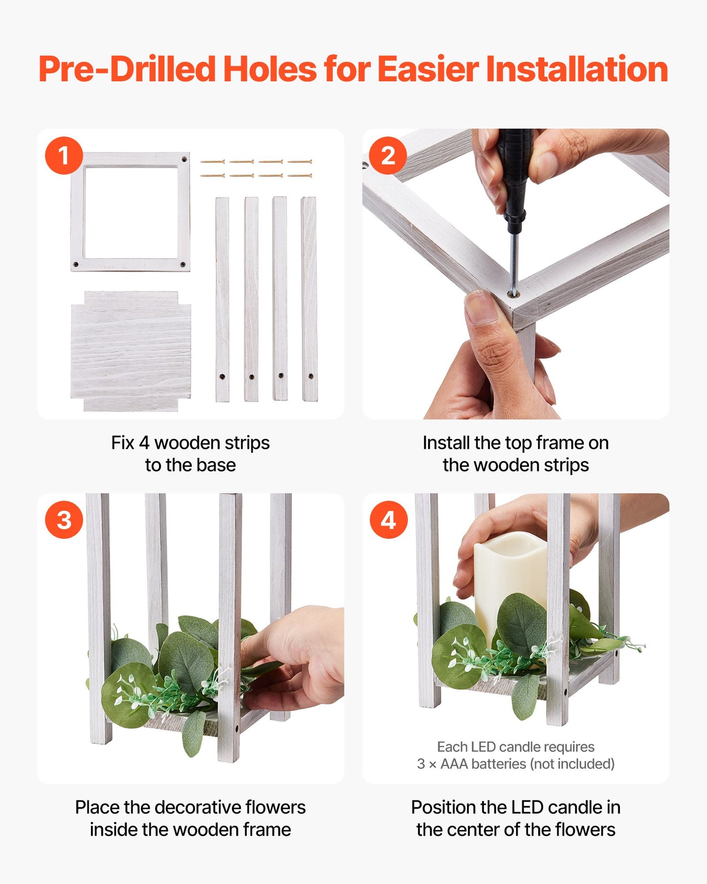 12 Set/36 Pcs Wooden Wedding Lantern Centerpiece, Includes 12 Wooden Lantern Candle Holder 12 Flameless LED Candle 12 Eucalyptus Leaves Wreath for Wedding Table Party Farmhouse Decor, White