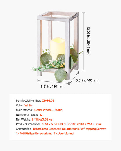 12 Set/36 Pcs Wooden Wedding Lantern Centerpiece, Includes 12 Wooden Lantern Candle Holder 12 Flameless LED Candle 12 Eucalyptus Leaves Wreath for Wedding Table Party Farmhouse Decor, White