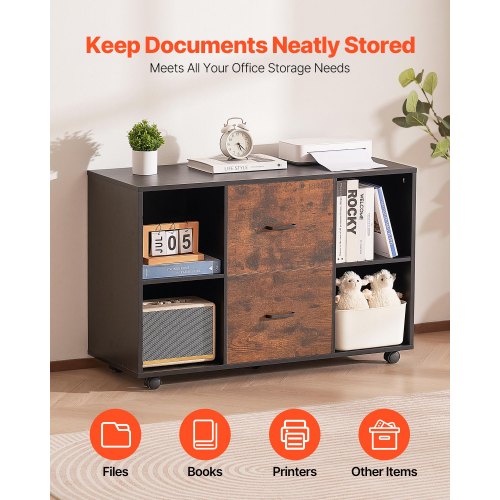 Holzschrank mit 2 Schubladen Mobiler Aktenschrank mit offenen Regalen Schwarz