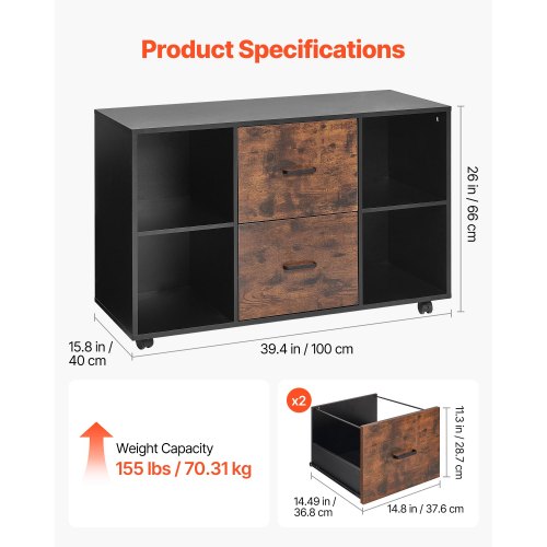 Holzschrank mit 2 Schubladen Mobiler Aktenschrank mit offenen Regalen Schwarz