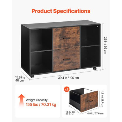 Holzschrank mit 2 Schubladen Mobiler Aktenschrank mit offenen Regalen Schwarz