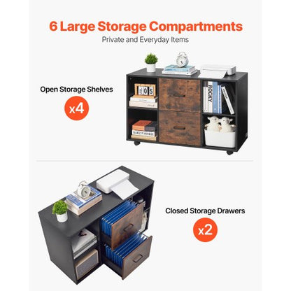 Holzschrank mit 2 Schubladen Mobiler Aktenschrank mit offenen Regalen Schwarz