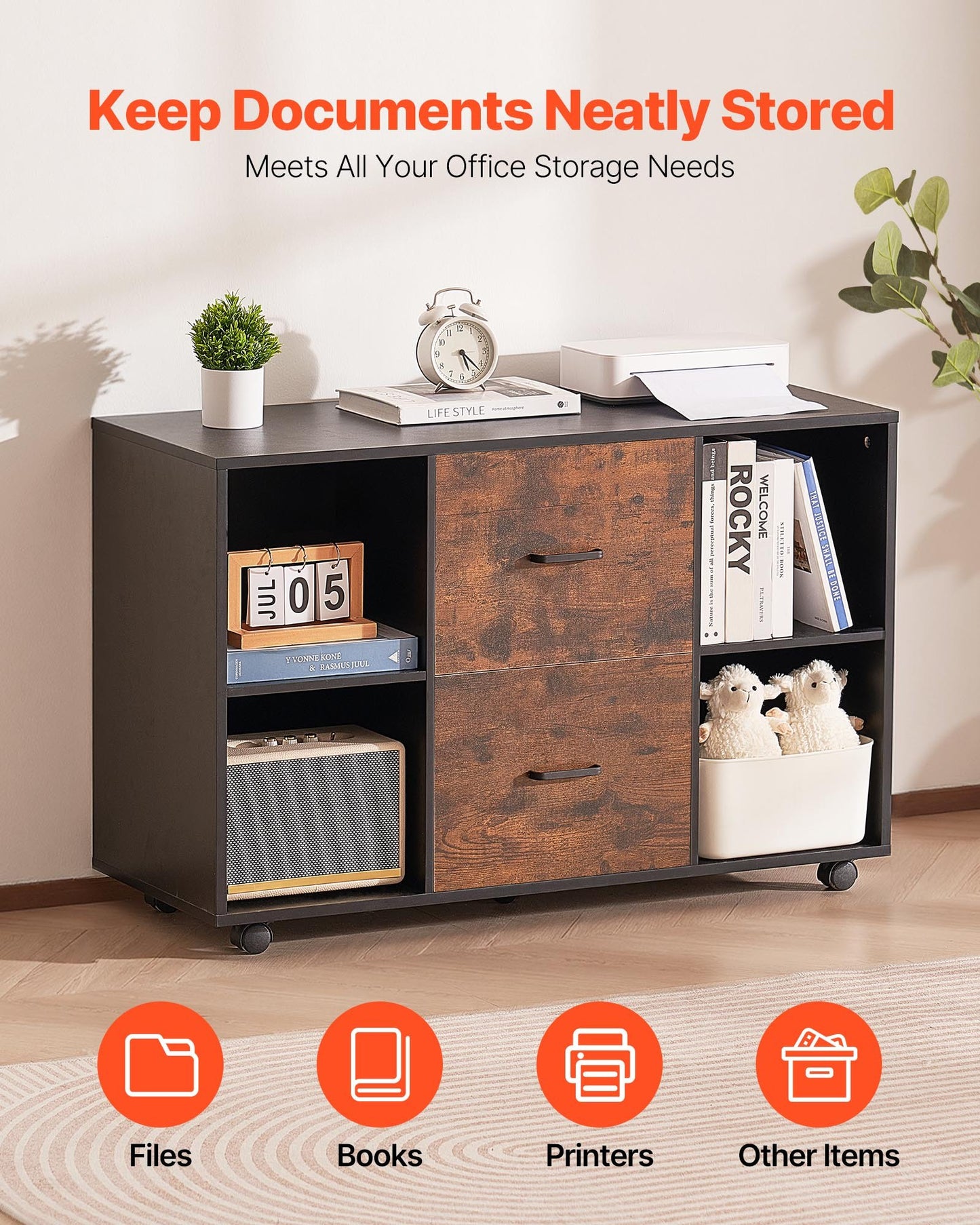 2 Drawer Wooden File Cabinet, Mobile Filing Cabinet with Open Shelves, Lateral Rolling File Storage with Lockable Wheels, Modern Free Standing Printer Stand for Home, Office, School, Black