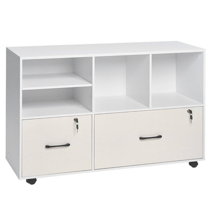 2 Drawer Wooden File Cabinet, Mobile Filing Cabinet with Open Shelves, Lockable Lateral Rolling File Storage with Adjustable Shelves, Free Standing Printer Stand for Home Office School, White