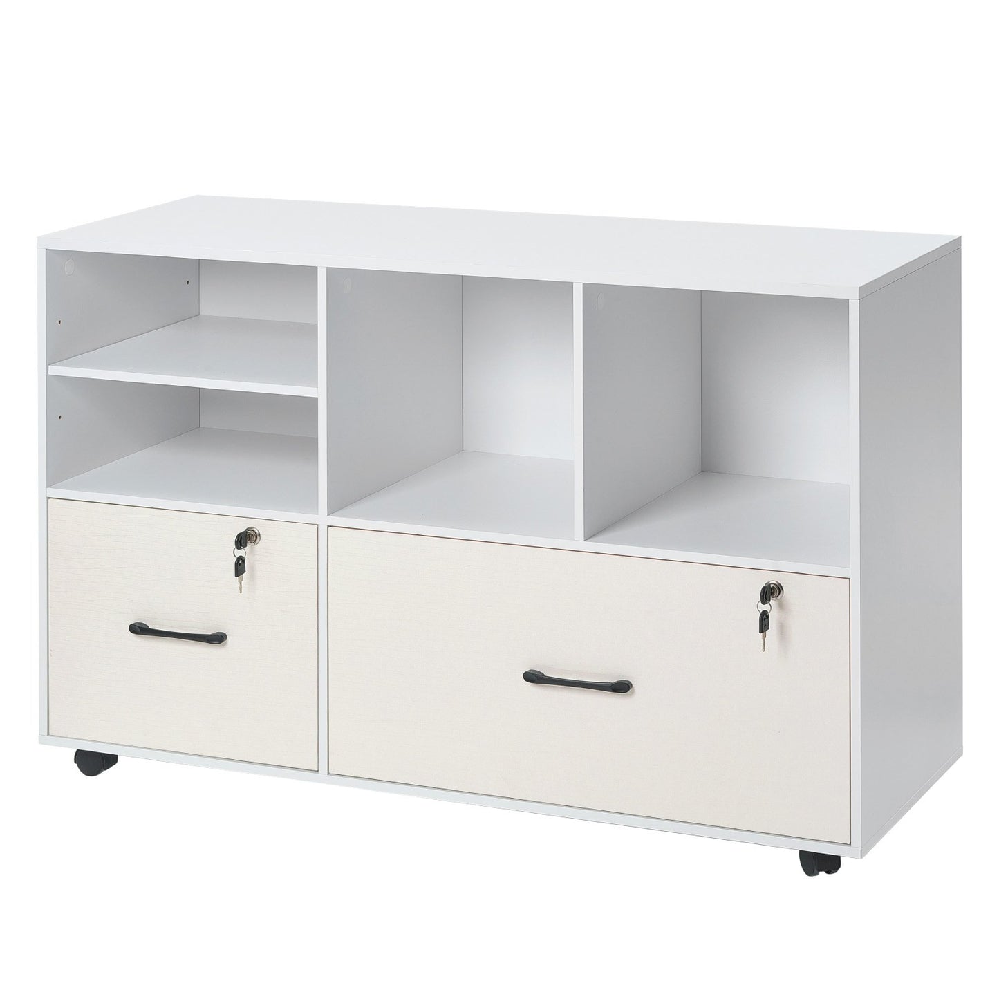 2 Drawer Wooden File Cabinet, Mobile Filing Cabinet with Open Shelves, Lockable Lateral Rolling File Storage with Adjustable Shelves, Free Standing Printer Stand for Home Office School, White