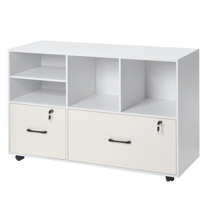 2 Drawer Wooden File Cabinet, Mobile Filing Cabinet with Open Shelves, Lockable Lateral Rolling File Storage with Adjustable Shelves, Free Standing Printer Stand for Home Office School, White