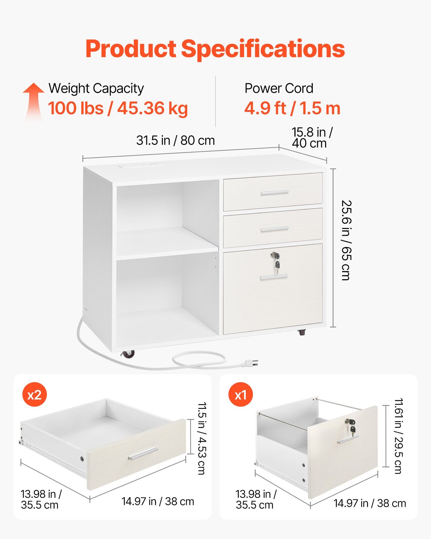 3 Drawer Wooden File Cabinet, Mobile Filing Cabinet with Light Strip, Lockable Rolling File Storage with Adjustable Shelves & 5 Wheels, Free Standing Printer Stand for Home Office School, White
