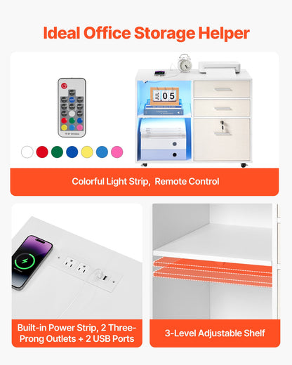 3 Drawer Wooden File Cabinet, Mobile Filing Cabinet with Light Strip, Lockable Rolling File Storage with Adjustable Shelves & 5 Wheels, Free Standing Printer Stand for Home Office School, White