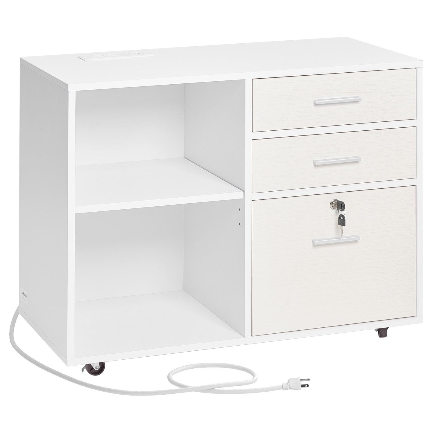 3 Drawer Wooden File Cabinet, Mobile Filing Cabinet with Light Strip, Lockable Rolling File Storage with Adjustable Shelves & 5 Wheels, Free Standing Printer Stand for Home Office School, White