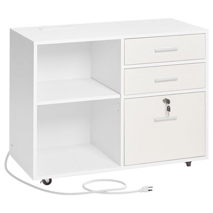 3 Drawer Wooden File Cabinet, Mobile Filing Cabinet with Light Strip, Lockable Rolling File Storage with Adjustable Shelves & 5 Wheels, Free Standing Printer Stand for Home Office School, White