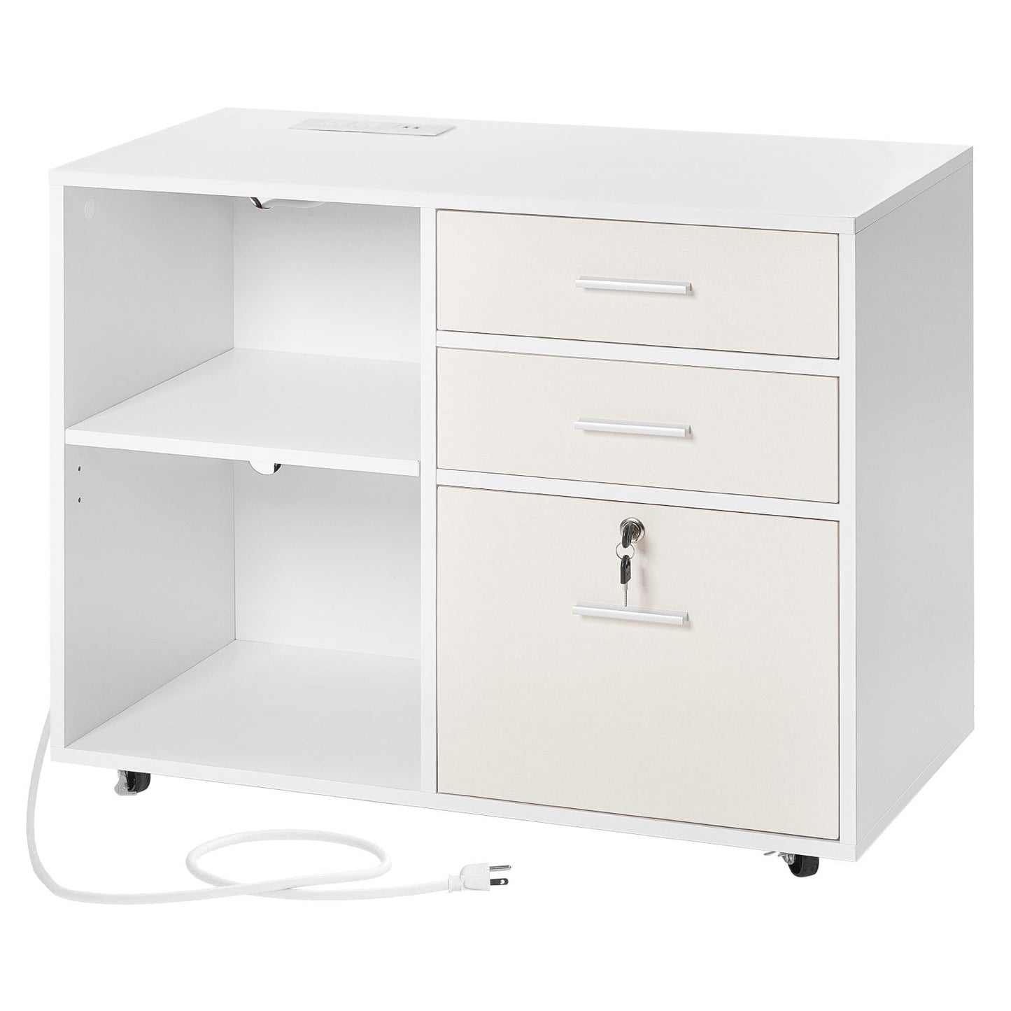 3 Drawer Wooden File Cabinet, Mobile Filing Cabinet with Light Strip, Lockable Rolling File Storage with Adjustable Shelves & 5 Wheels, Free Standing Printer Stand for Home Office School, White