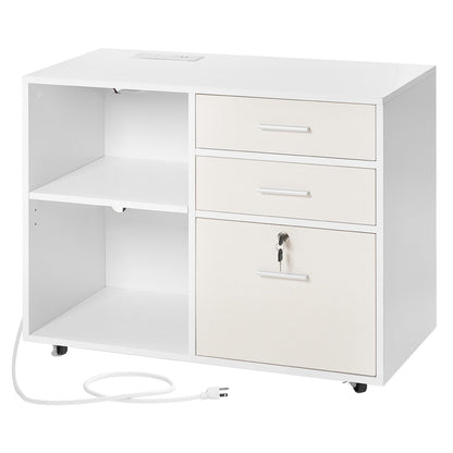3 Drawer Wooden File Cabinet, Mobile Filing Cabinet with Light Strip, Lockable Rolling File Storage with Adjustable Shelves & 5 Wheels, Free Standing Printer Stand for Home Office School, White