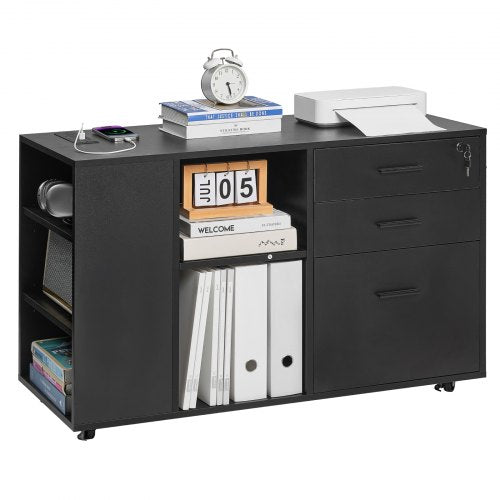 3 Drawer Wooden File Cabinet, Mobile Filing Cabinet with Power Strip, Lockable Rolling File Storage with Adjustable Shelves & 5 Wheels, Floor Standing Printer Stand for Home Office School, Black