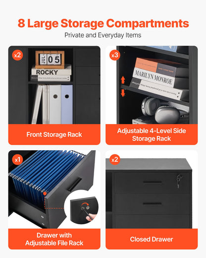 3 Drawer Wooden File Cabinet, Mobile Filing Cabinet with Power Strip, Lockable Rolling File Storage with Adjustable Shelves & 5 Wheels, Floor Standing Printer Stand for Home Office School, Black