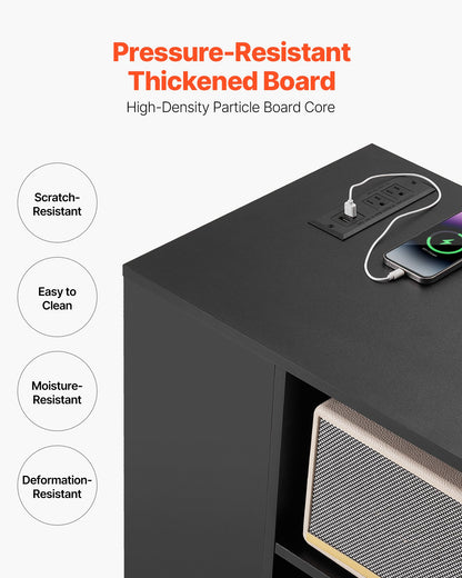 3 Drawer Wooden File Cabinet, Mobile Filing Cabinet with Power Strip, Lockable Rolling File Storage with Adjustable Shelves & 5 Wheels, Floor Standing Printer Stand for Home Office School, Black