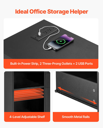 3 Drawer Wooden File Cabinet, Mobile Filing Cabinet with Power Strip, Lockable Rolling File Storage with Adjustable Shelves & 5 Wheels, Floor Standing Printer Stand for Home Office School, Black