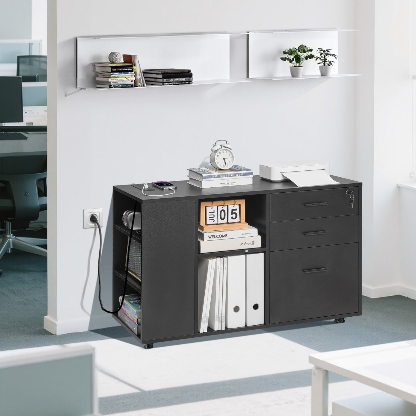 3 Drawer Wooden File Cabinet, Mobile Filing Cabinet with Power Strip, Lockable Rolling File Storage with Adjustable Shelves & 5 Wheels, Floor Standing Printer Stand for Home Office School, Black