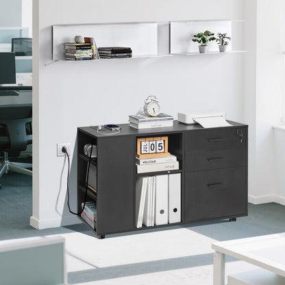 3 Drawer Wooden File Cabinet, Mobile Filing Cabinet with Power Strip, Lockable Rolling File Storage with Adjustable Shelves & 5 Wheels, Floor Standing Printer Stand for Home Office School, Black