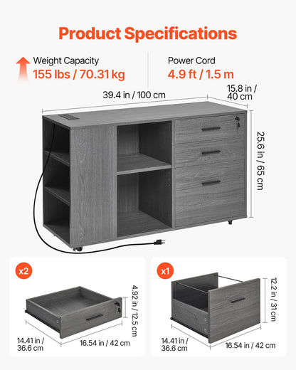 3 Drawer Wooden File Cabinet, Mobile Filing Cabinet with Power Strip, Lockable Rolling File Storage with Adjustable Shelves & 5 Wheels, Floor Standing Printer Stand for Home Office School, Gray