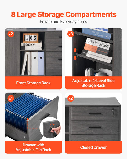 3 Drawer Wooden File Cabinet, Mobile Filing Cabinet with Power Strip, Lockable Rolling File Storage with Adjustable Shelves & 5 Wheels, Floor Standing Printer Stand for Home Office School, Gray