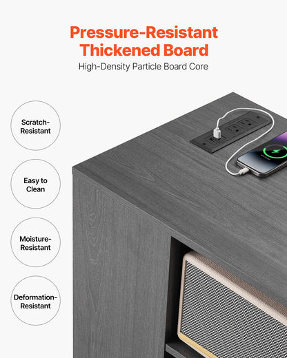 3 Drawer Wooden File Cabinet, Mobile Filing Cabinet with Power Strip, Lockable Rolling File Storage with Adjustable Shelves & 5 Wheels, Floor Standing Printer Stand for Home Office School, Gray