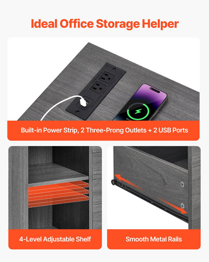 3 Drawer Wooden File Cabinet, Mobile Filing Cabinet with Power Strip, Lockable Rolling File Storage with Adjustable Shelves & 5 Wheels, Floor Standing Printer Stand for Home Office School, Gray