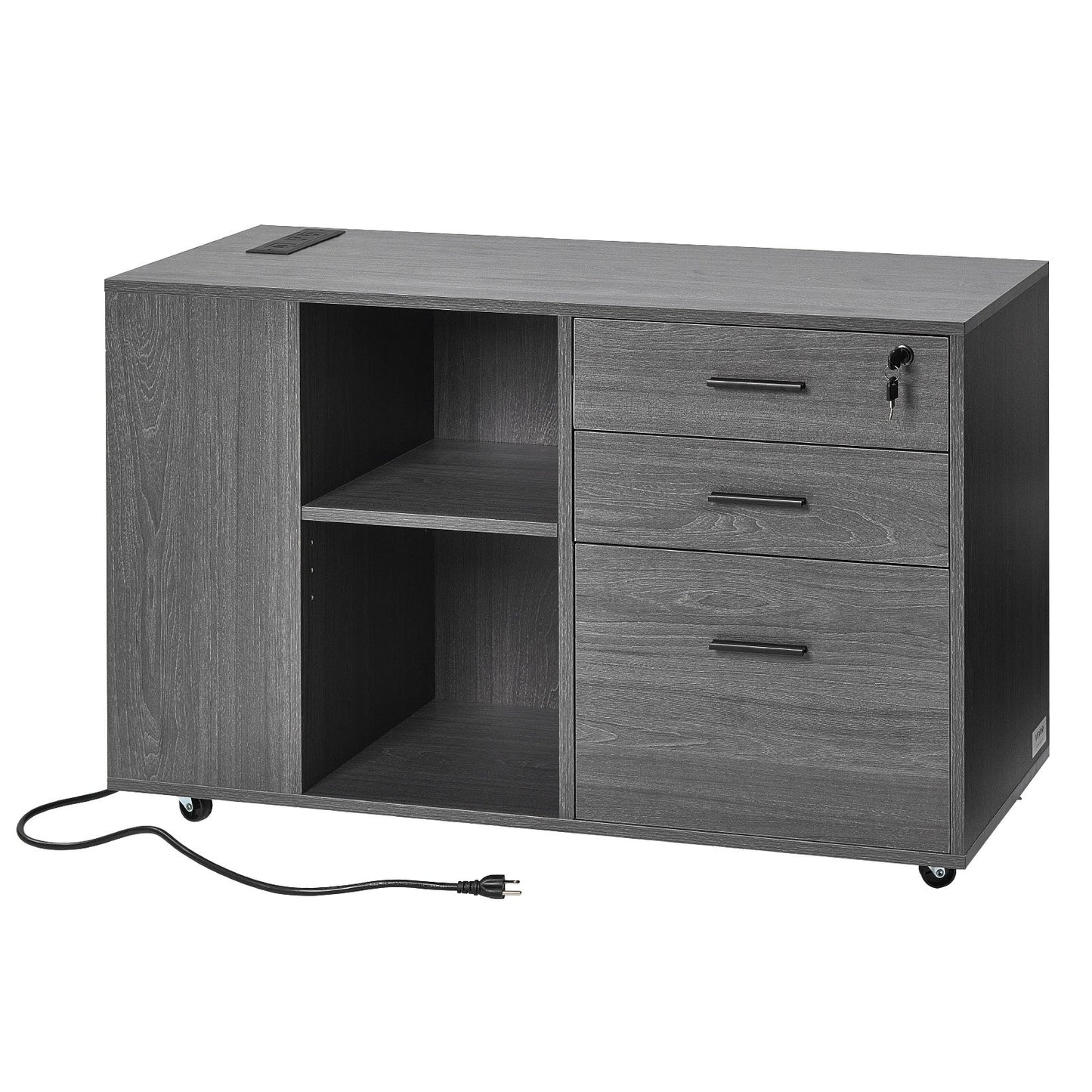 3 Drawer Wooden File Cabinet, Mobile Filing Cabinet with Power Strip, Lockable Rolling File Storage with Adjustable Shelves & 5 Wheels, Floor Standing Printer Stand for Home Office School, Gray