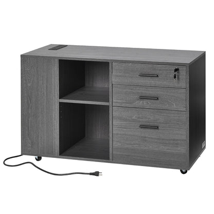 3 Drawer Wooden File Cabinet, Mobile Filing Cabinet with Power Strip, Lockable Rolling File Storage with Adjustable Shelves & 5 Wheels, Floor Standing Printer Stand for Home Office School, Gray