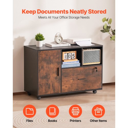 Holzschrank, abschließbarer mobiler Schrank, offene Regale, rustikales Braun