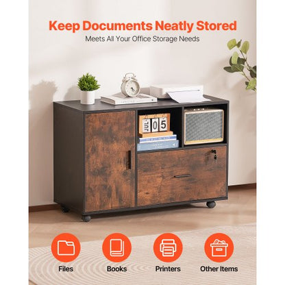 Holzschrank, abschließbarer mobiler Schrank, offene Regale, rustikales Braun