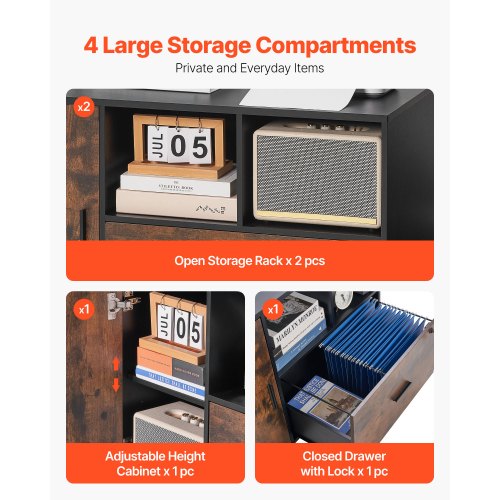 Holzschrank, abschließbarer mobiler Schrank, offene Regale, rustikales Braun