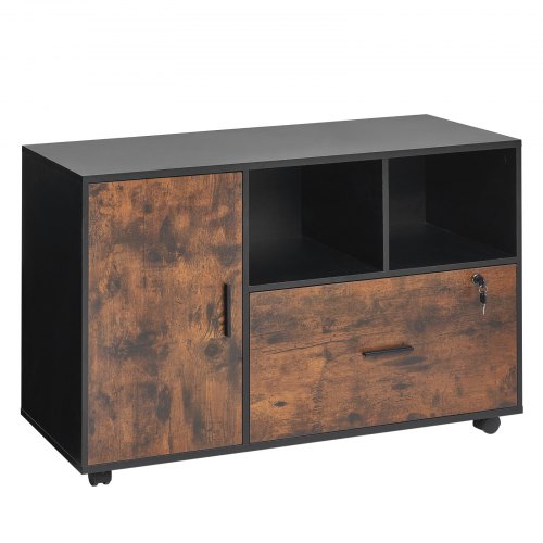 Holzschrank, abschließbarer mobiler Schrank, offene Regale, rustikales Braun