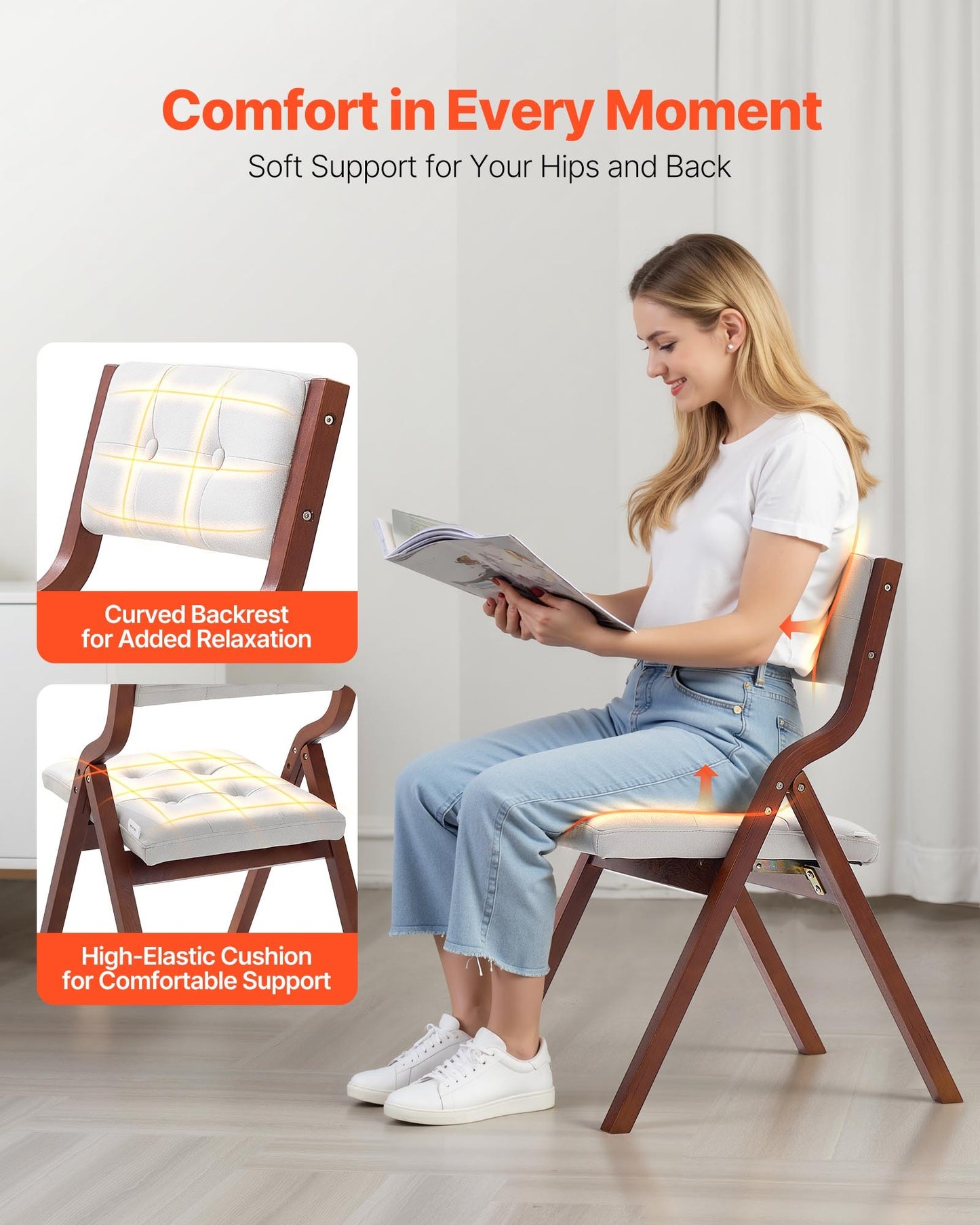 Wooden Folding Chairs with Cushion, Set of 2, Portable Foldable Cushion Chair with Wooden Frame, Modern Padded Dining Chair for Kitchen, Office, Wedding, Party, Dining Room, Easy Assembly, White